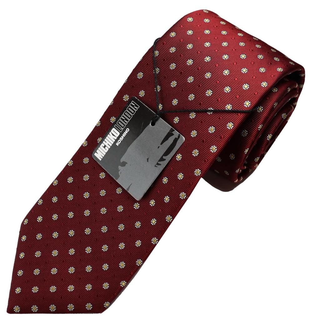 [Michiko London] Bonded Fabric with Lining for Added Volume. Made In Japan. KOSHINO Brand Tie. Small Pattern. 100% Silk. Unisex. MKJ-023 (Wine)