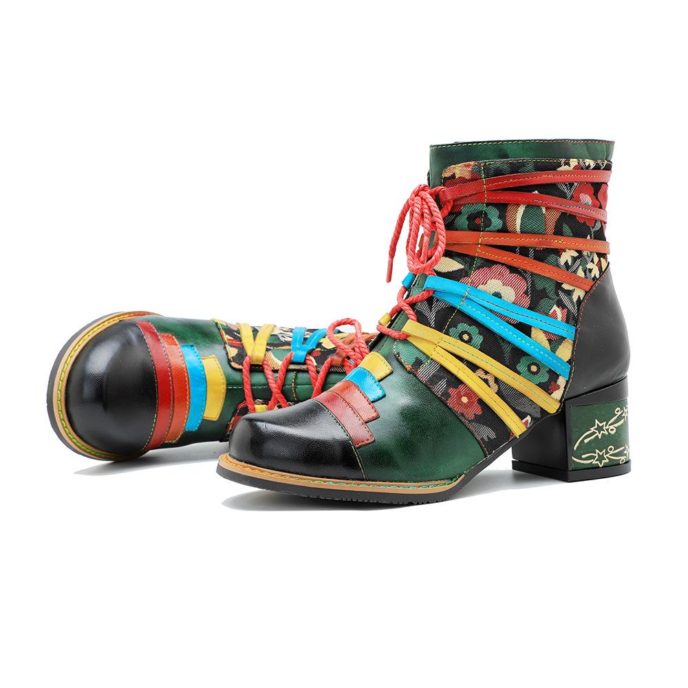 Johnature Genuine Leather Printed Patchwork Color Strapping Thick Heeled Women's Short Boots Mixed Colors Shoes