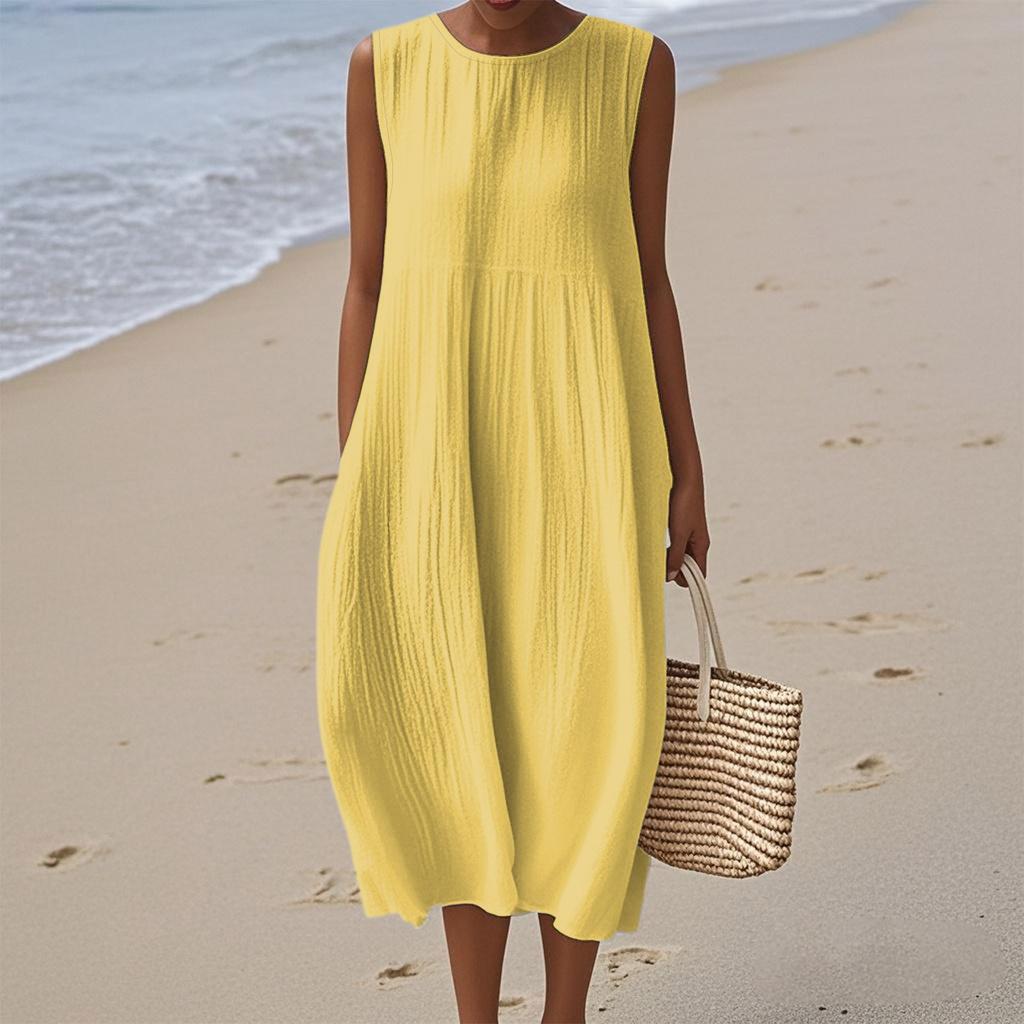 Women's Fashion Casual Sleeveless Round Neck Solid Color Elegant Temperament Dress