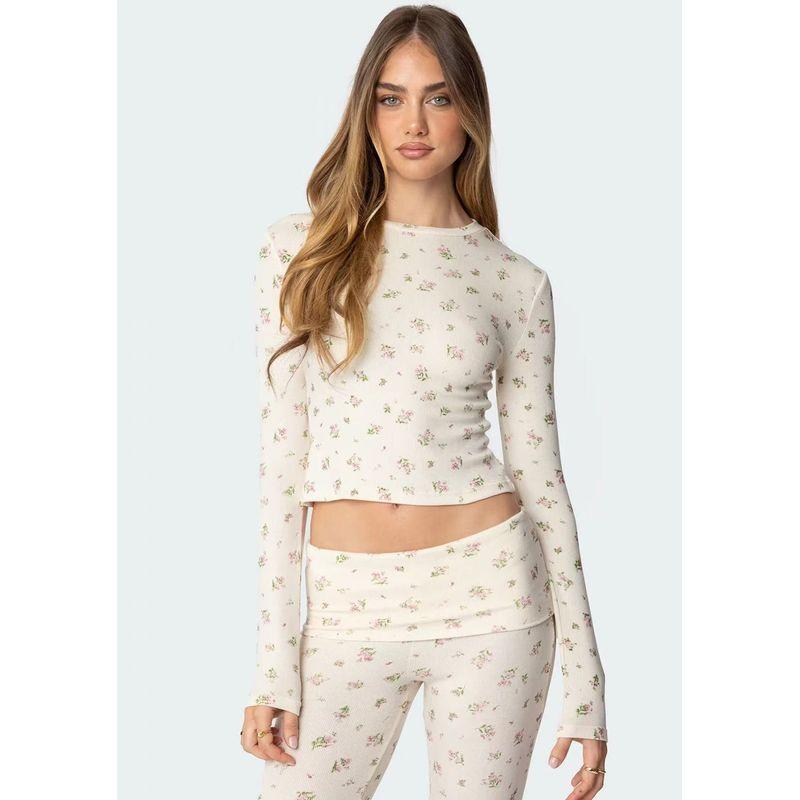 

Edikted New Arrival Homewear Tops Florals Print Rib Fabric Fold Horn Tights Matching Suit Baby Tops L