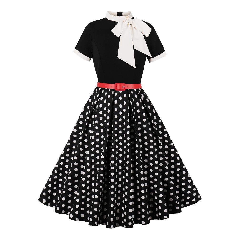 Women's Bow Tie Collar Short Sleeve Midi Dress A Line Mid Waist Floral Print Swing Dress Vintage Hepburn Party Dress With Belt