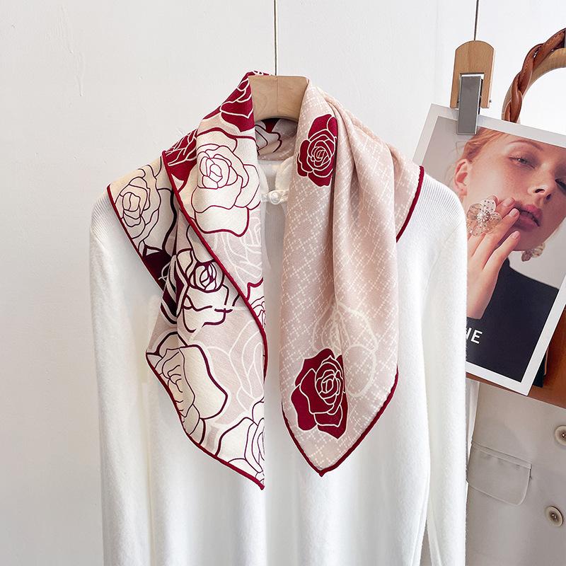 Red flower silk wool square scarf spring new mulberry silk wool silk scarf shawl outer scarf fashion headscarf 65*65cm