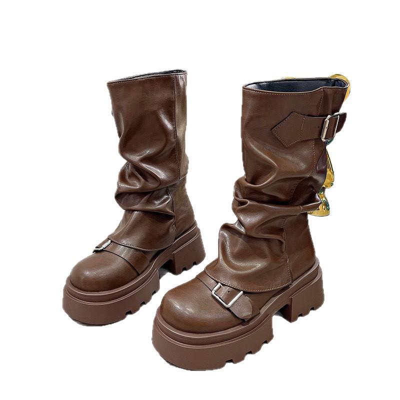 2025 new autumn platform heightening Martin boots retro brown Maillard stacking boots medium tube pants tube boots women's shoes