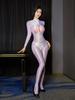 Women'S Yoga Fitness Running Wear Jumpsuit Oil Glossy Crotchless Bodysuit Thin Sheer Sexy Open Bust Rompers Long Sleeved Tights
