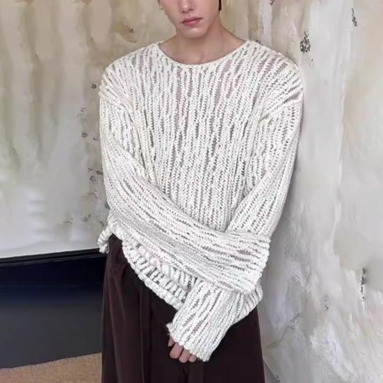 Men Sweater Round Neck Long Sleeve Hollow Out Sexy Perspective Pullover Tops Solid Color Knitting Tops Casual Work Street Wear