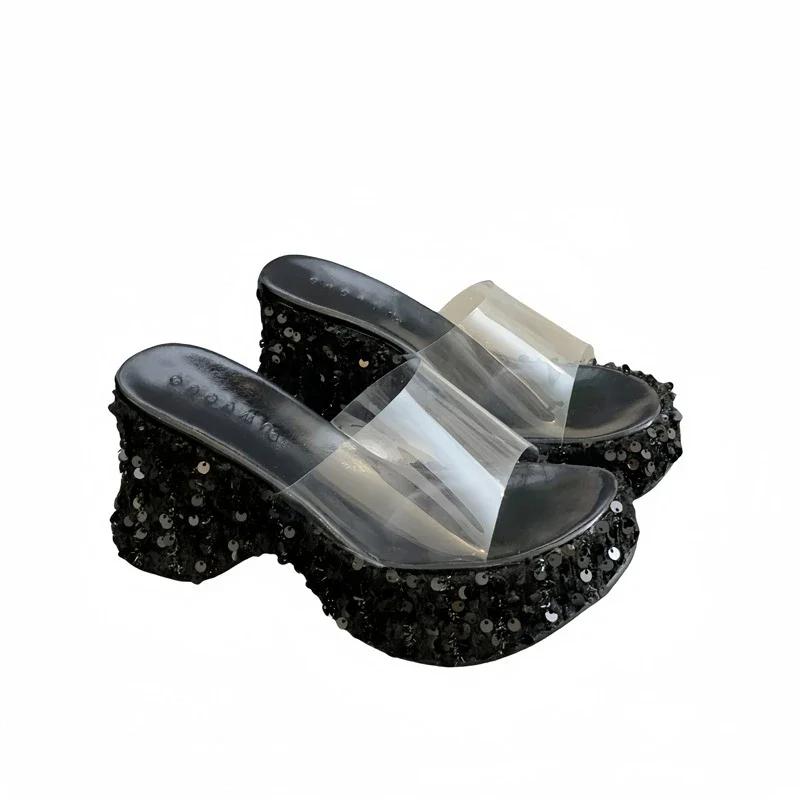 Fashion Slippers Women Summer High-Heeled Shoes Lady Slides Platform On A Wedge Pink Transparent Scandals Pumps Transparent Slippers Wom