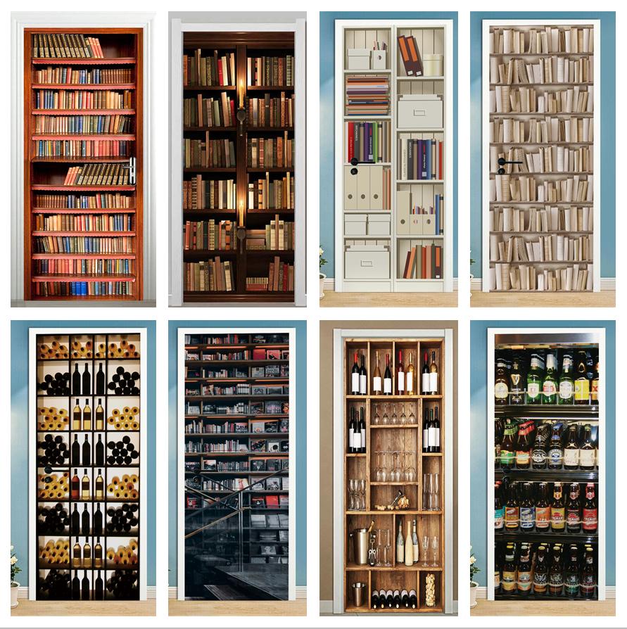 

Ретро библиотека клейкие дверные обои водостойкий домашний декор гостиная настенная наклейка Стикеры деревянный шкаф плакат вино