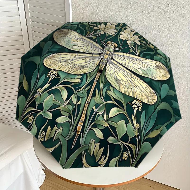 1pc Dragonfly Floral Automatic Open/Close Umbrella with Windproof, 8-Rib Sturdy Canopy, Durable Ribs, Fashionable Design1257A