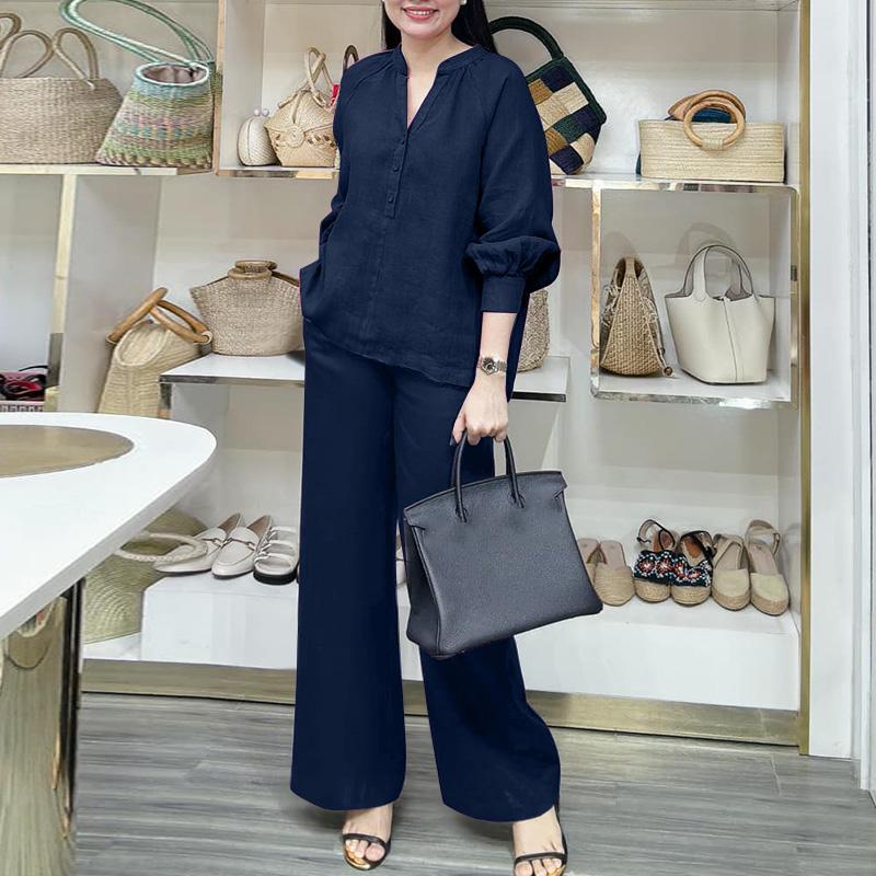 

ZANZEA Женская блузка с длинным рукавом и брюки повседневный комплект из двух частей S