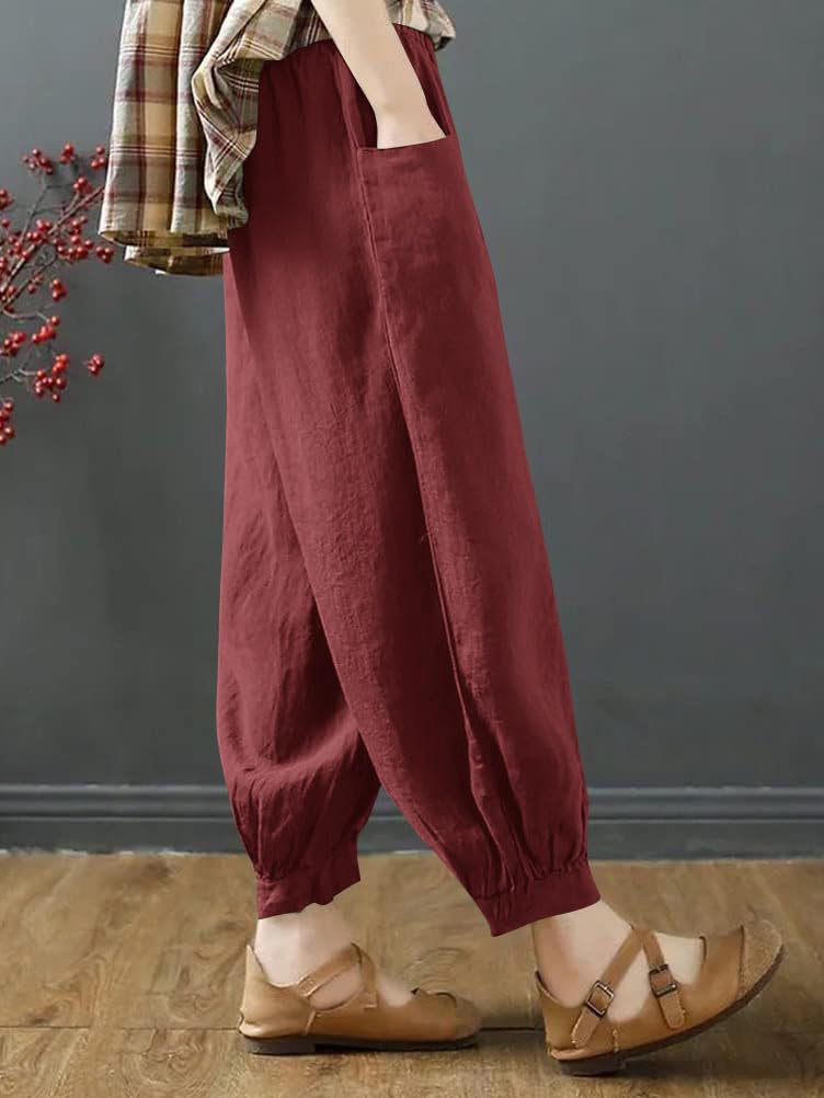 [Minesam] Women's Harem Pants, Linen Pants, Cotton Linen Blend, 9/10 Length, Knickerbockers, Plain, Lightweight, Summer Trousers, Plus Sizes (Wine Red