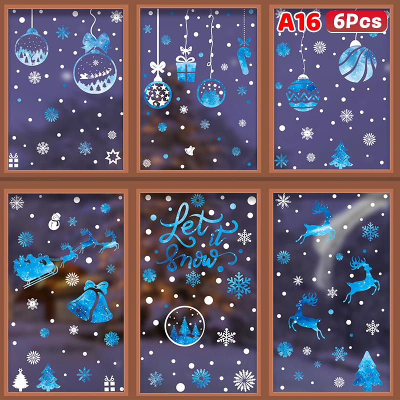 Weihnachtsfensteraufkleber Blauer Elch Statische Aufkleber Schneemann Schneeflocke Wandaufkleber Abziehbilder Frohe Weihnachten Feiertagsparty Aufkleber