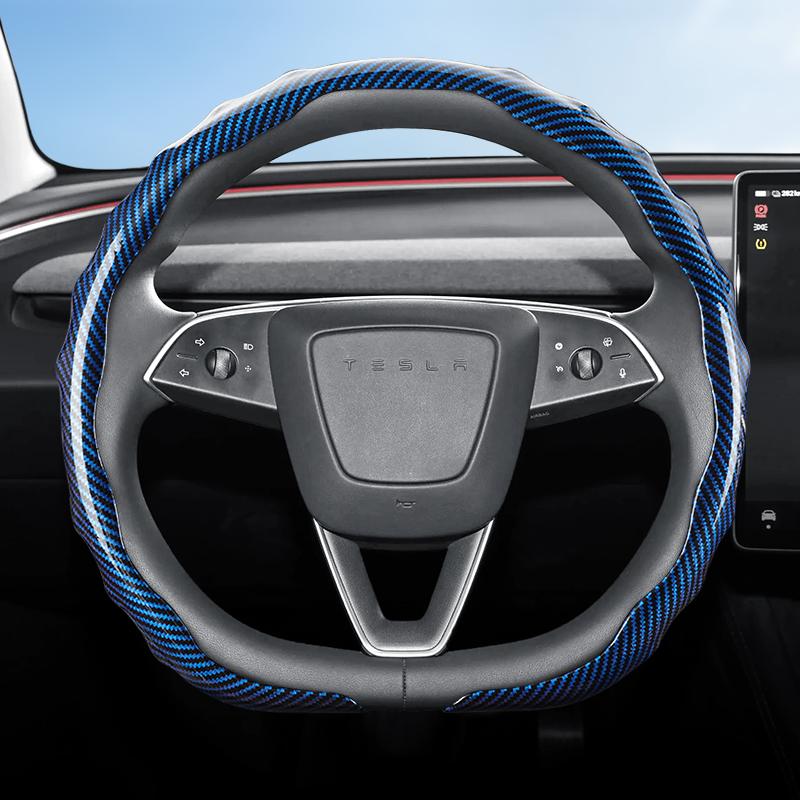 Suitable for Tesla Carbon Fiber Texture Steering Wheel Cover, Snap-On Wave-Shaped Sporty Design, Durable Protective Case Suitable for Model 3 Y S X