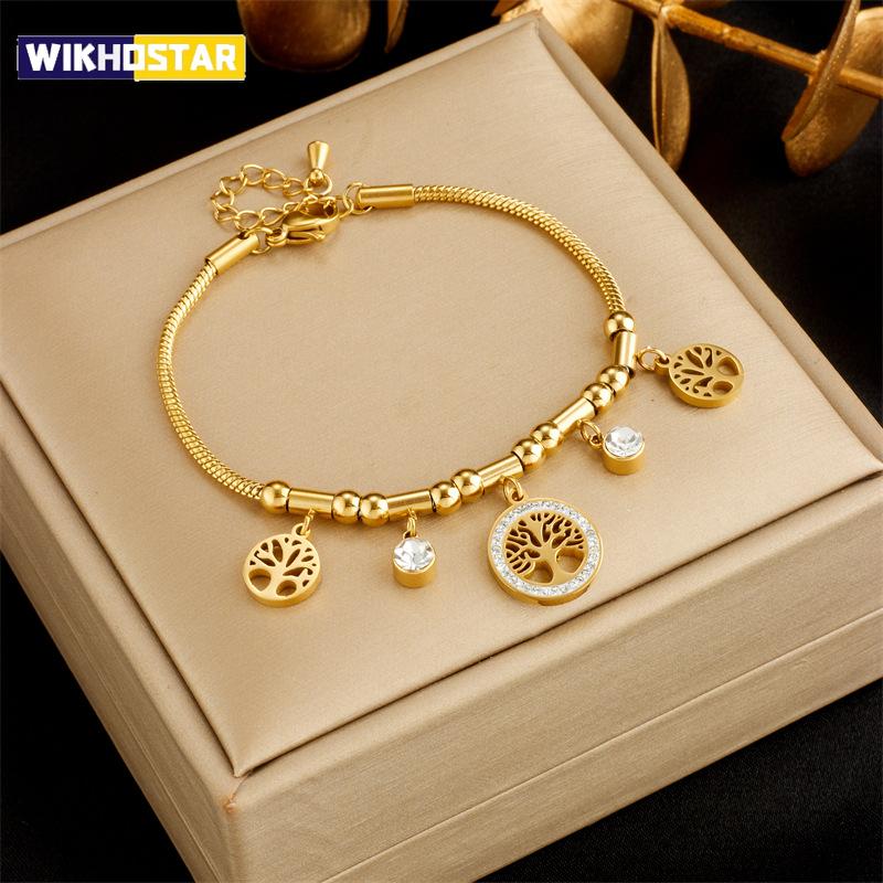316L Edelstahl Elegantes Goldfarbenes Lebensbaum-Charm-Armband mit glänzendem Zirkonia-Stein für den täglichen Gebrauch von Frauen