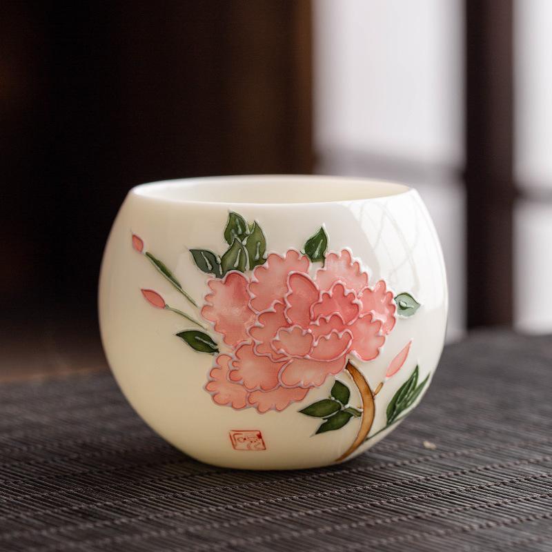 Hand Drawn Relief Sheep Fat Jade High End Ceramic Tea Cup Single Cup
