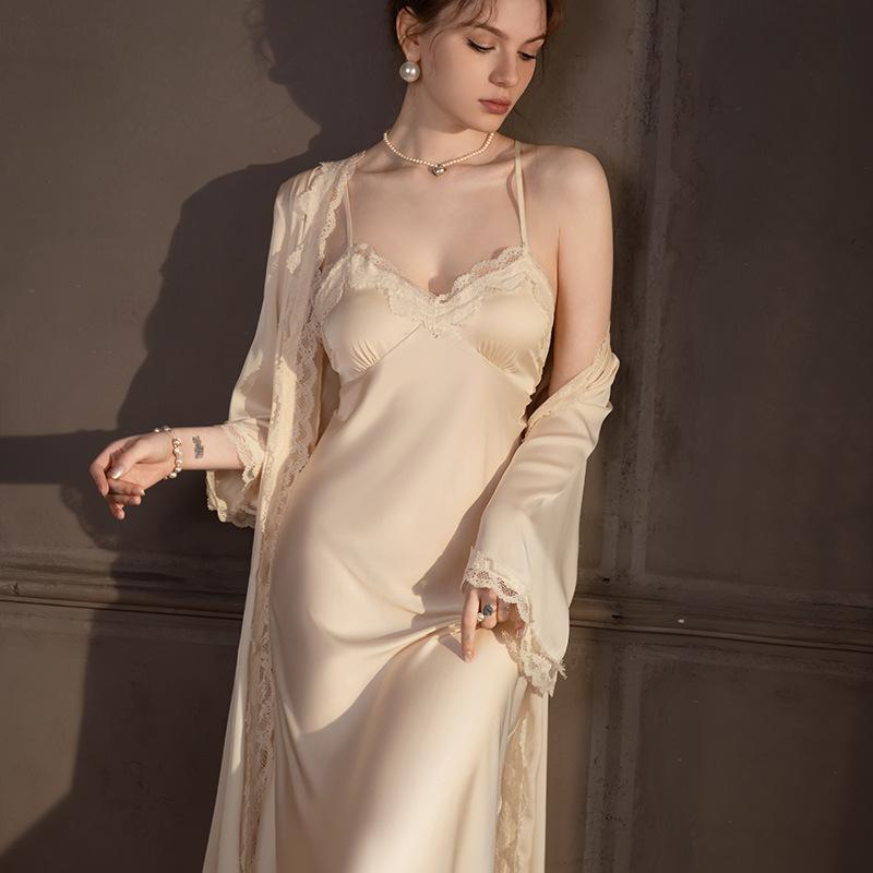Sexy pajamas women's ice silk summer with chest pads, suspenders, nightgown, two-piece set, long over-the-knee silk loungewear