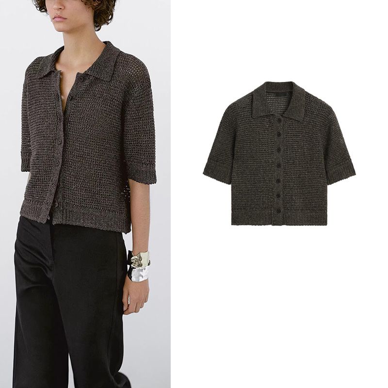 MD Spring and Summer Women's Clothing Old Money Style Relaxed Feeling Lazy Cut Out Polo Collar Short Sleeve Knitting Cardigan 5704559