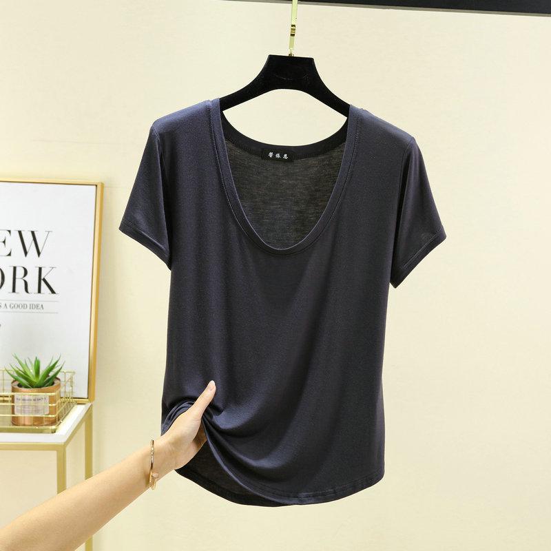 Dámský modální top s U výstřihem a polovičním rukávem - Jednobarevný, nadměrná velikost, letní tričko