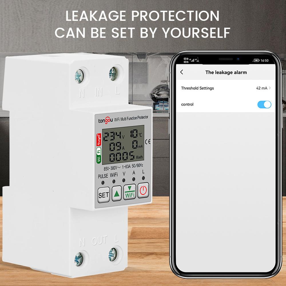 tongou Tuya WiFi Intelligent Energy Meter with Metering Voltage Power Electricity Monitoring Leakage Protector 63A AC85