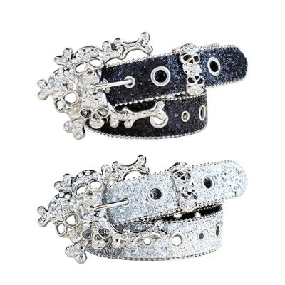 Shining Rhinestones Studded Skull Buckle Belt for Western Cowgirls Cool Blingbling PU Leather Fashion Waist Decors