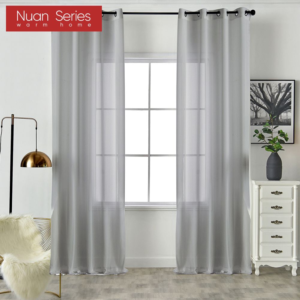 1PC Nuan Series Fabric Upgrade Solid Color Stripe White Tulle Curtain Warm Sheer for Bedroom Living Home Window Decoration