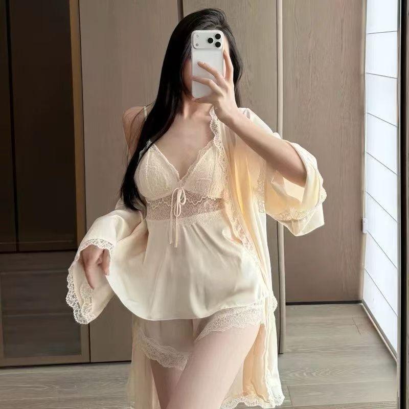Sexy Pajamas Women's Ice Ribbon Chest Pad Thin Suspender Shorts Pajamas Three-piece Silk Pure Desire Loungewear