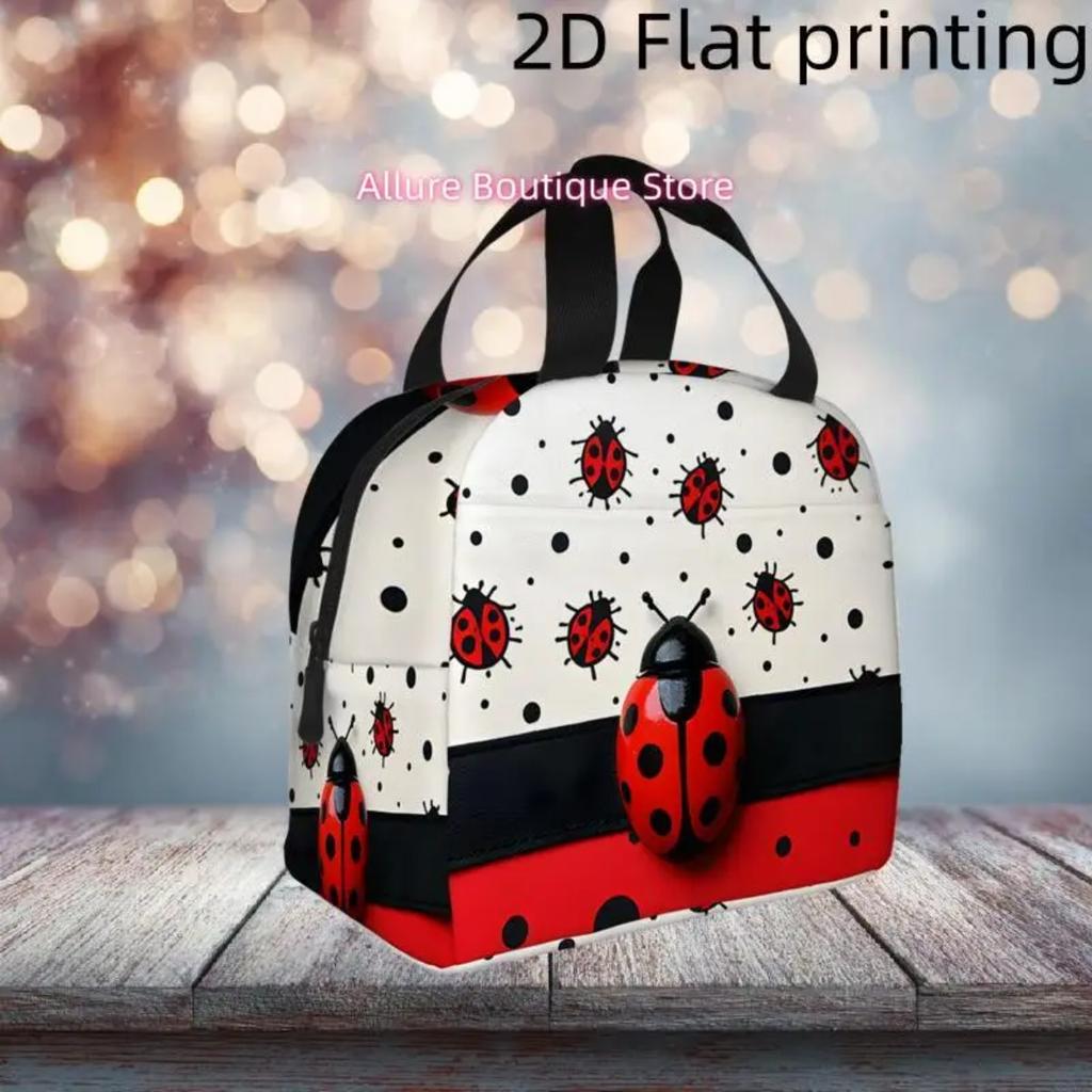 A 2D Flat-Printed Bag Featuring a Ladybug Design with Fun Polka Dots And Bright Colors. This Insulated Cooler Bag Is Reusable An