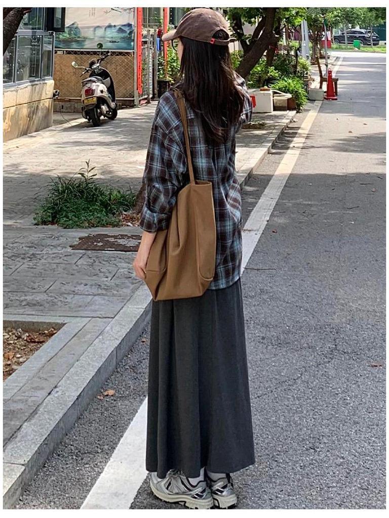 Deep Gray Early Autumn A-Line High-Waisted Skirt: Women's Casual Draping Slimming Skirt