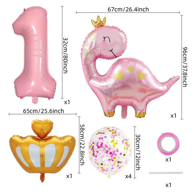 Pink Crown Dinosaur Aluminum Film Balloon Set Girl Children'S First Birthday Party Decoration Scene Arrangement