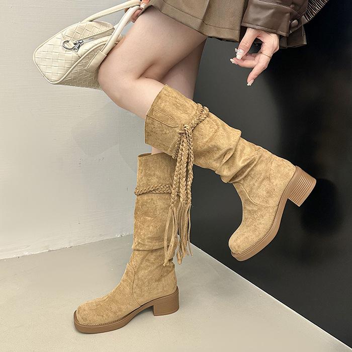Wasteland wind retro fringed woven knight boots long boots women's autumn and winter new thick heel suede stacking boots high boots