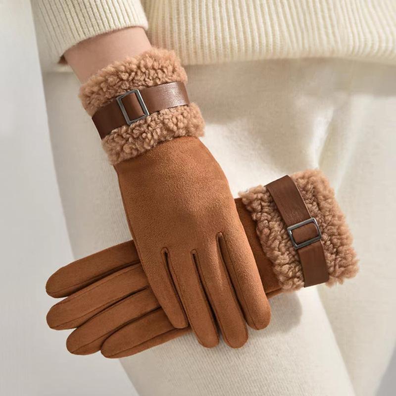 Winter Plush Thickened Warm Gloves for Women's Touch Screen Suede Gloves Outdoor Windproof and Cold Cycling Gloves