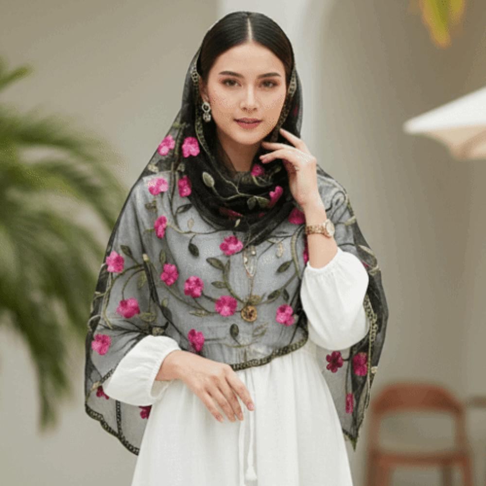 Lightweight Embroidered Floral Headwrap Breathable Long Lace Scarf Summer Hijab Travel Photoshoot