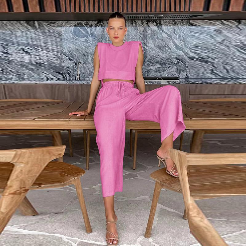 

Однотонные женские брючные костюмы со шнуровкой, топ без рукавов с круглым вырезом, широкие брюки с карманами, летние женские комплекты L розовый