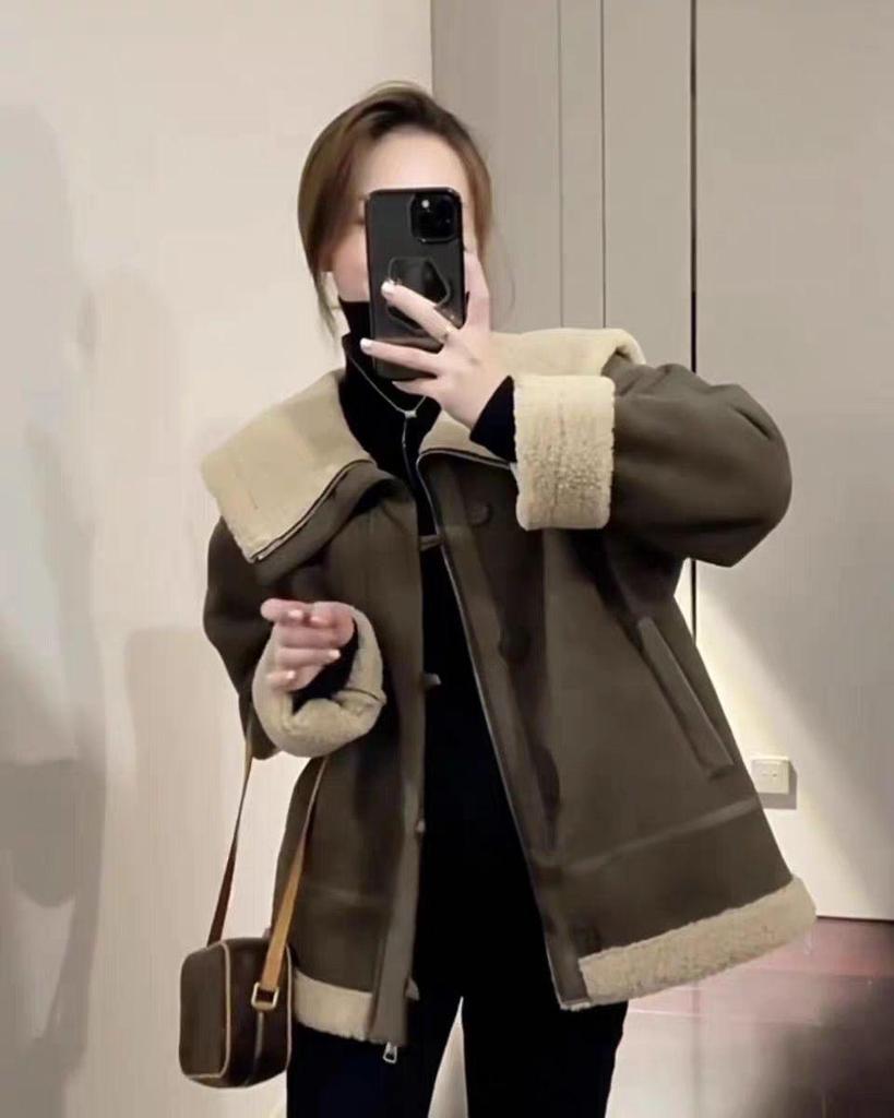 2024 Women's Korean Style Cold-Proof Fur-Integrated Motorcycle Jacket, Petite Fit, Plus Velvet