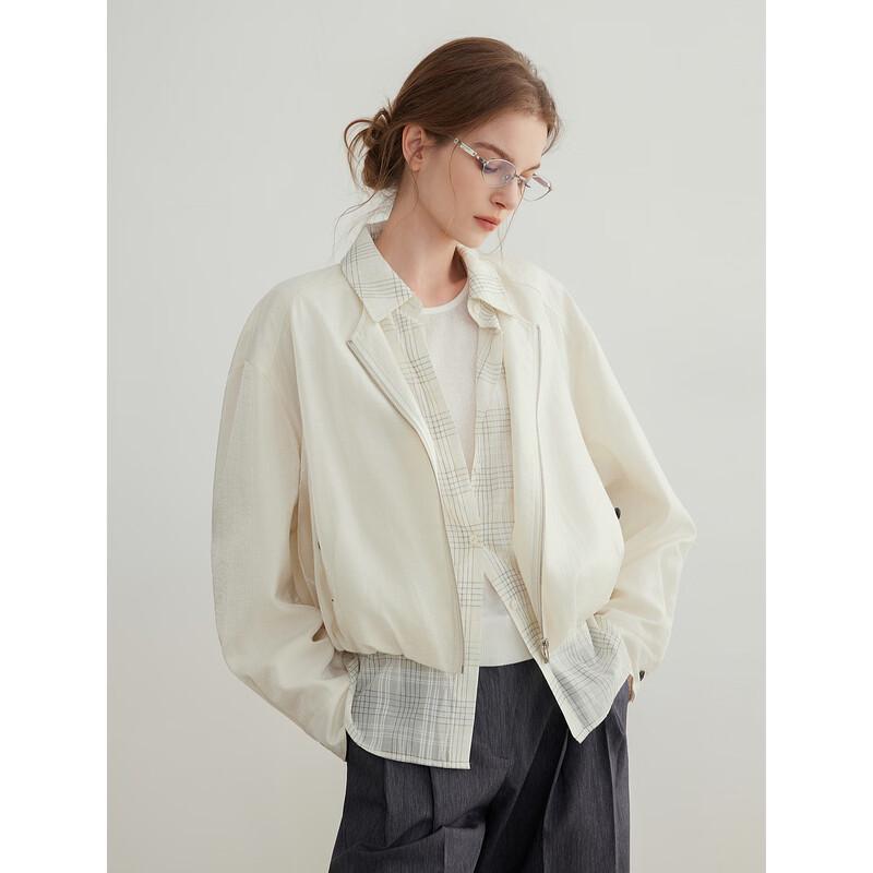 ELLE Faux Two-Piece Plaid Patchwork Short Jacket L
