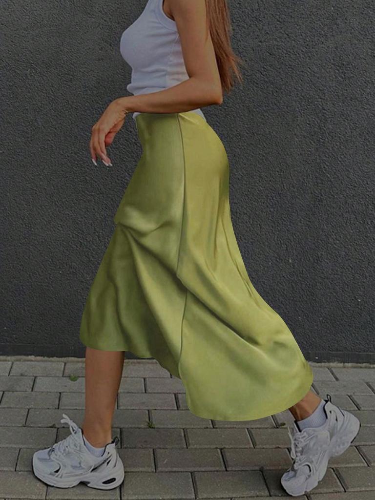 Women Elastic High Waist Satin Zipper Back Mermaid Hem Casual Comfort Skirt Elegant Chic Luxury Fashion Solid Silk Fabric With No Wrinkle