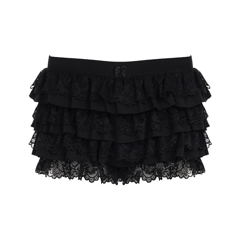 

European and American Women s Clothing Sweet and Spicy Dark Lace Patchwork Cake Skirt French Style Temperament Low Waist Black Young Adult Hot Pants Black L