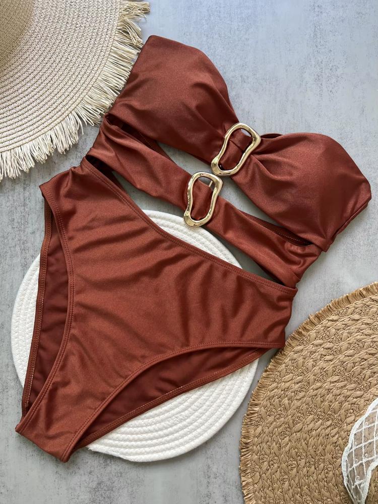 3 Colors Sexy Metal Rings Cut Out Women Swimwear One Piece Swimsuit Female Bandeau High Leg Cut Bather Bathing Suit Swim