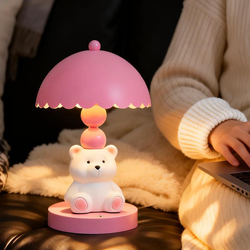 Cute Pink Bear Table Lamp Decorative Figurine for Bedroom Nightstand Kids Room Nursery and Living Room Home Lighting Decor