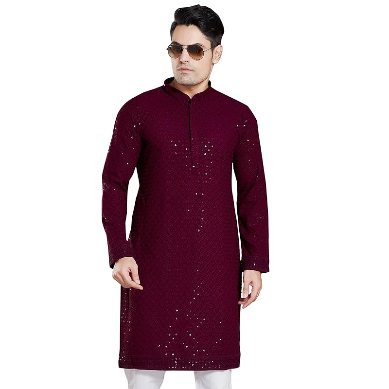 DIVISIVE Men's Sequince Embroidered Cotton Blend Only Slim Fit Kurta (DKRT14_M_Burgundy)