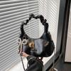 Chic Shiny Women Shoulder Y2K Bag, Crescent Ruched Handbag Purse with Pearl Bow Charm Adjustable ,Chain Strap Crossbody Bag