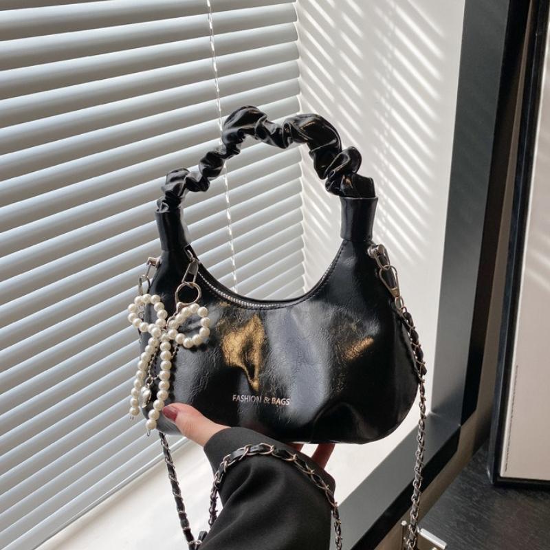 Chic Shiny Women Shoulder Y2K Bag, Crescent Ruched Handbag Purse with Pearl Bow Charm Adjustable ,Chain Strap Crossbody Bag