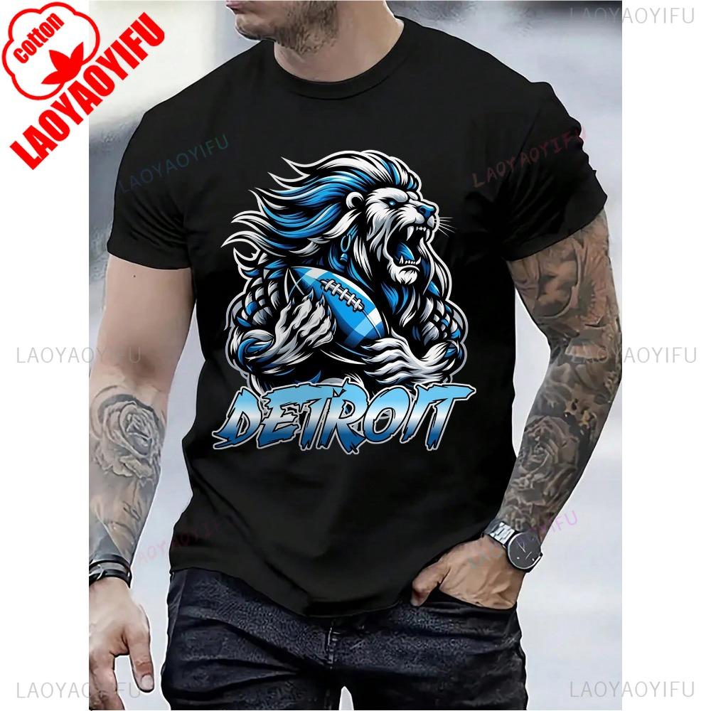 ZX Tee Detroit Football Lion Print T Shirt Tees for Men Casual Short Sleeve T-shirt for Summer Solid Color Cotton Comfort