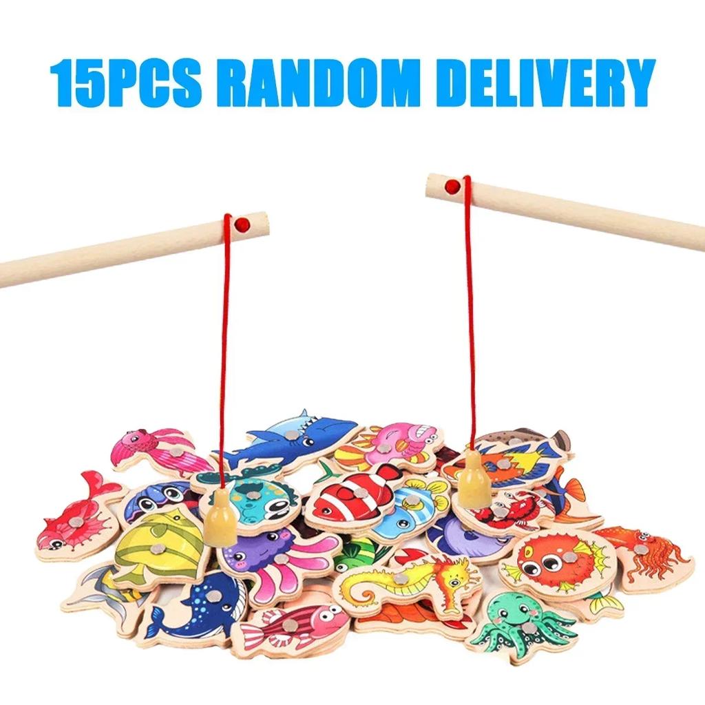 1Bag Wooden Magnetic Fishing Game Set Cartoon Sea Life Fishing Rod Educational Toys For Kids Gift