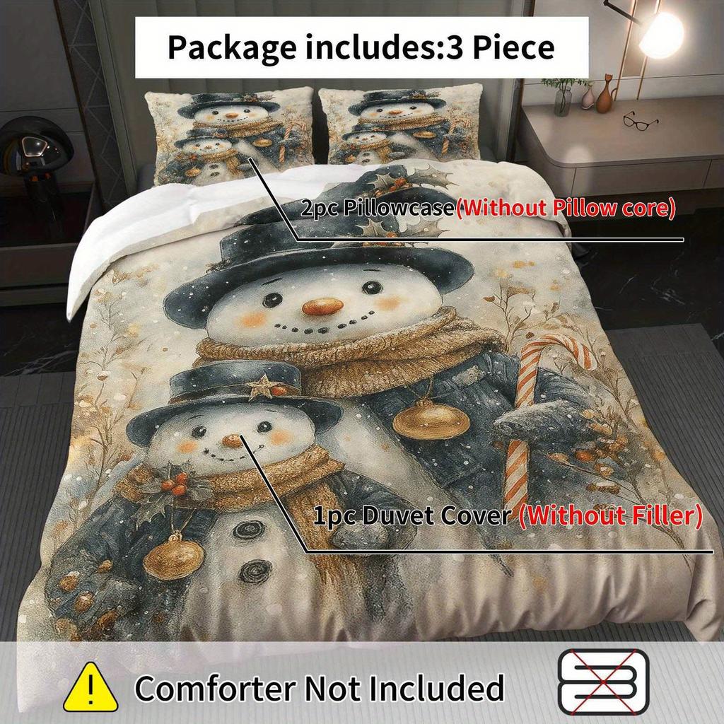 3pcs Festive Snowman Christmas Duvet Cover Set - Cozy Winter Theme with Zipper Closure, Machine Washable Polyester