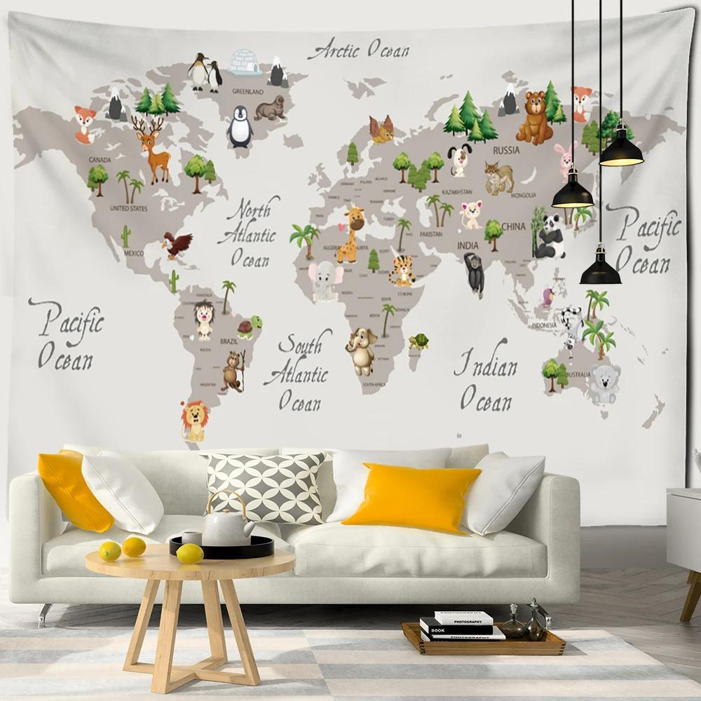 Cartoon Animals Distribution Map Tapestry Wall Hanging Simple Style Cute Hippie Children Kawaii Room Home Decor