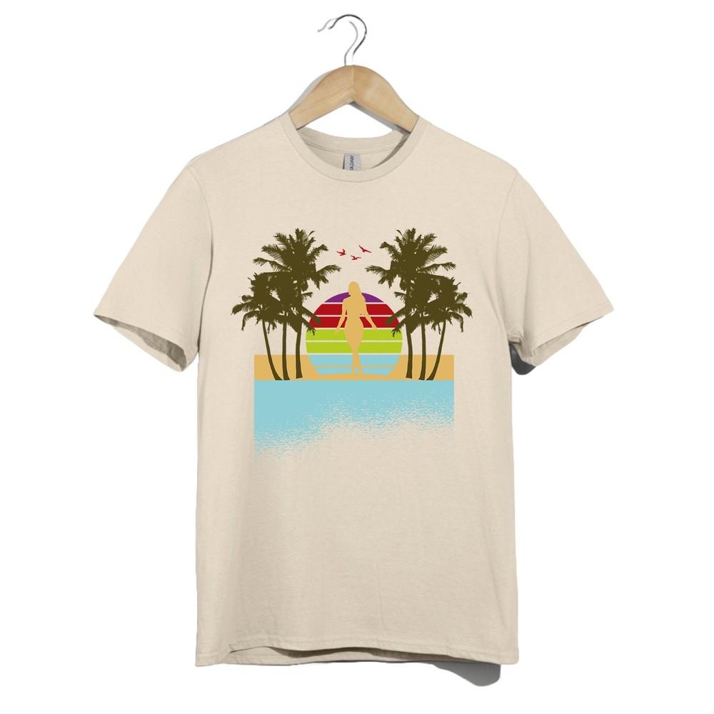 

Beach Sunset Silhouette T Shirt Womens Retro Summer Palm Trees Graphic Art Tee M