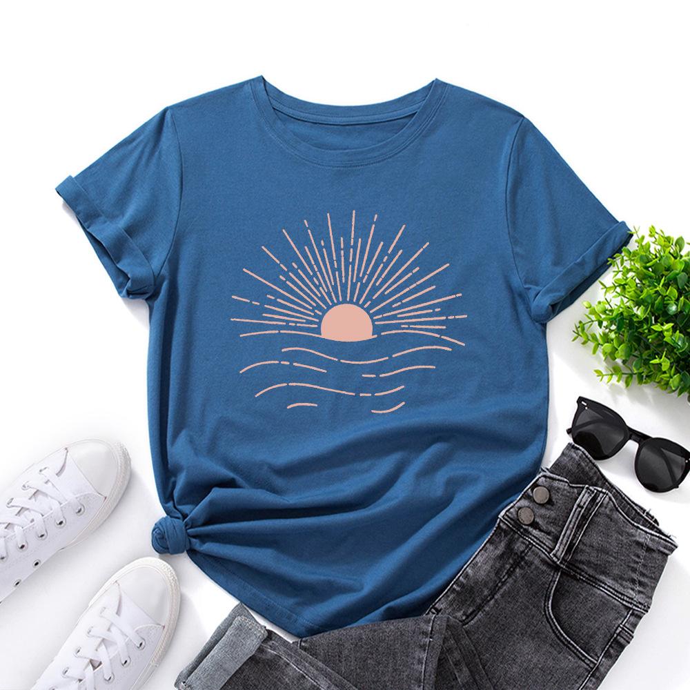 Cotton T-Shirt Short Sleeve Round Neck Women 2d Print Tops