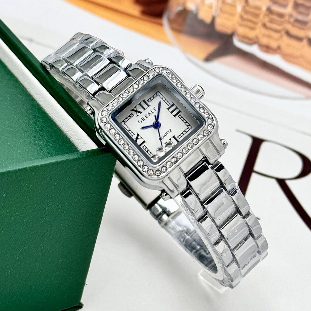 Relógio Feminino de Luxo GREELY Retangular Retro com Pedras Quadradas à Prova d'Água