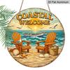2D Flat, 1pc Round Aluminum Hanging Sign - "Coastal Welcome" Beach Sunset Vintage Metal Wall Art, Retro Ocean Chair & Seashell Design, Perfect for