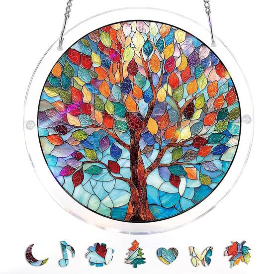 Acrylic Puzzle Suncatcher, Stained Glass Window Hanging Ornament with Double-side UV Printed Design, Colorful DIY Jigsaw Puzzle Suncatcher